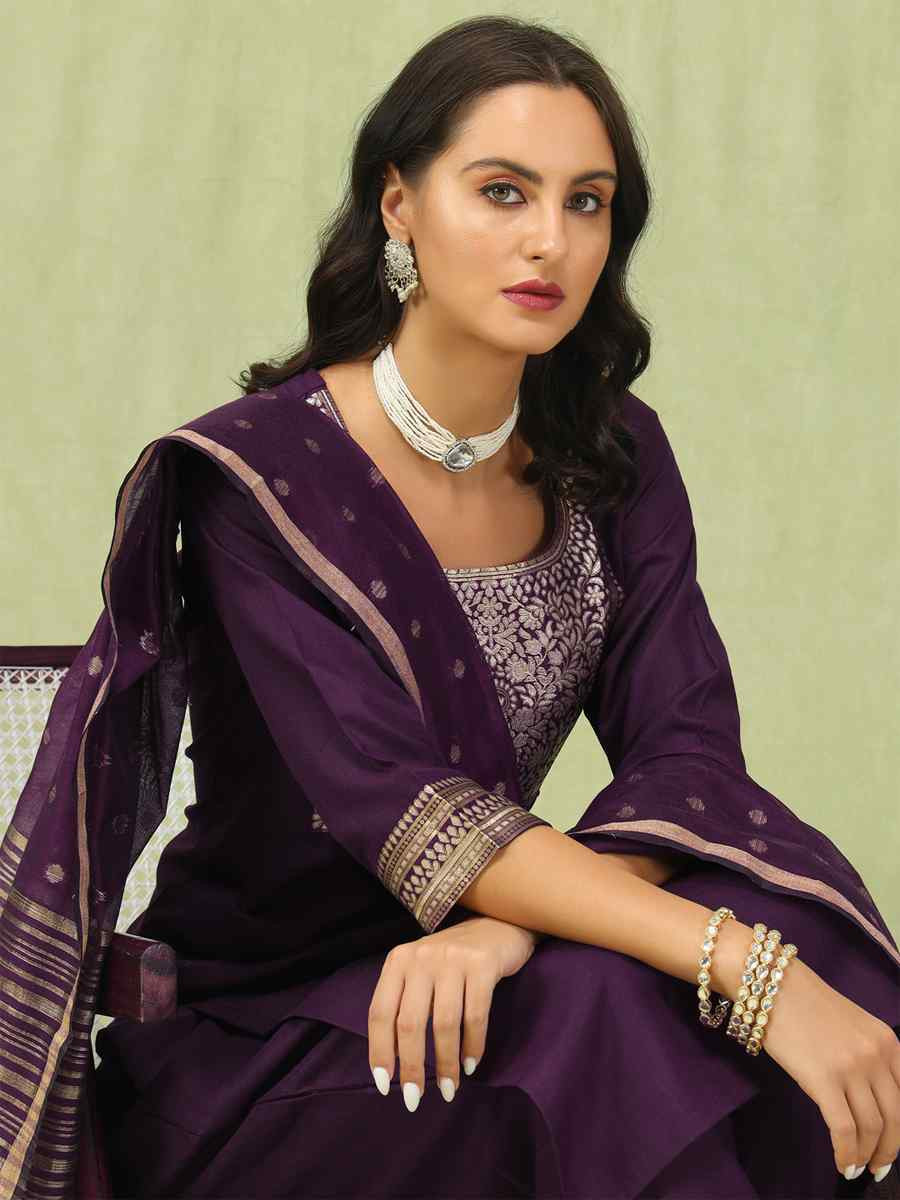 Purple Cotton Blend Embroidery Party Wedding Festival Casual Ready Pant Salwar Kameez