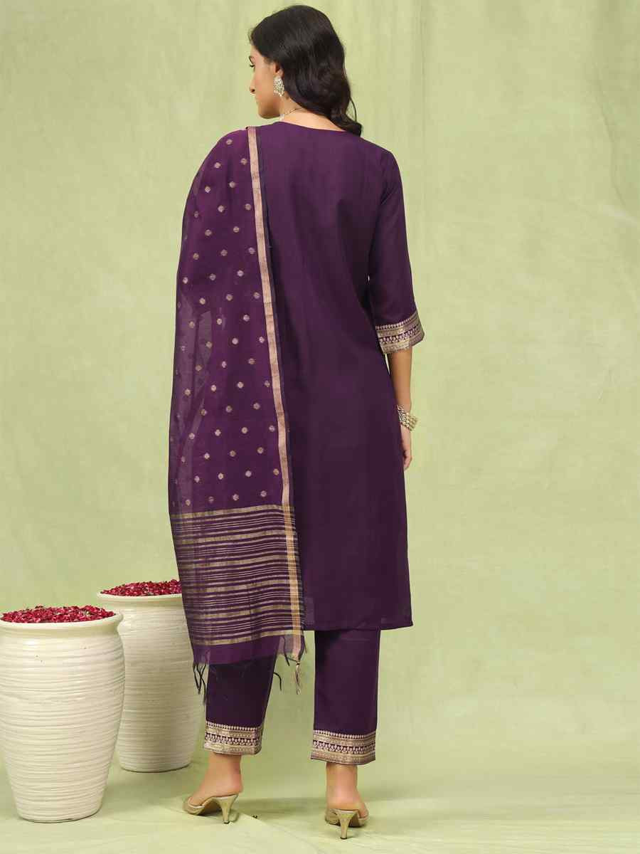 Purple Cotton Blend Embroidery Party Wedding Festival Casual Ready Pant Salwar Kameez
