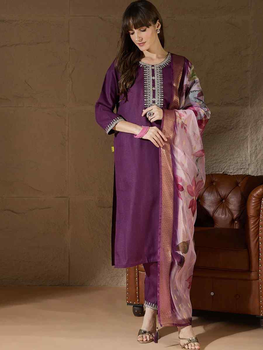 Purple Cotton Blend Embroidery Party Wedding Festival Casual Ready Pant Salwar Kameez