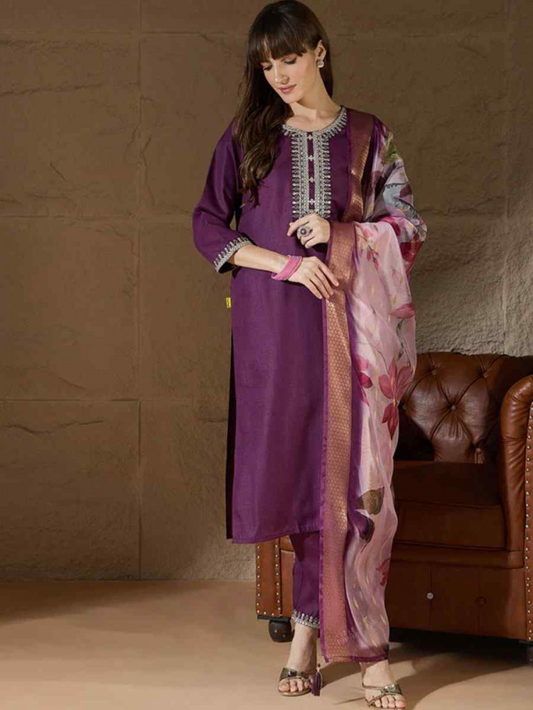 Image of Purple Cotton Blend Embroidery Party Wedding Festival Casual Ready Pant Salwar Kameez