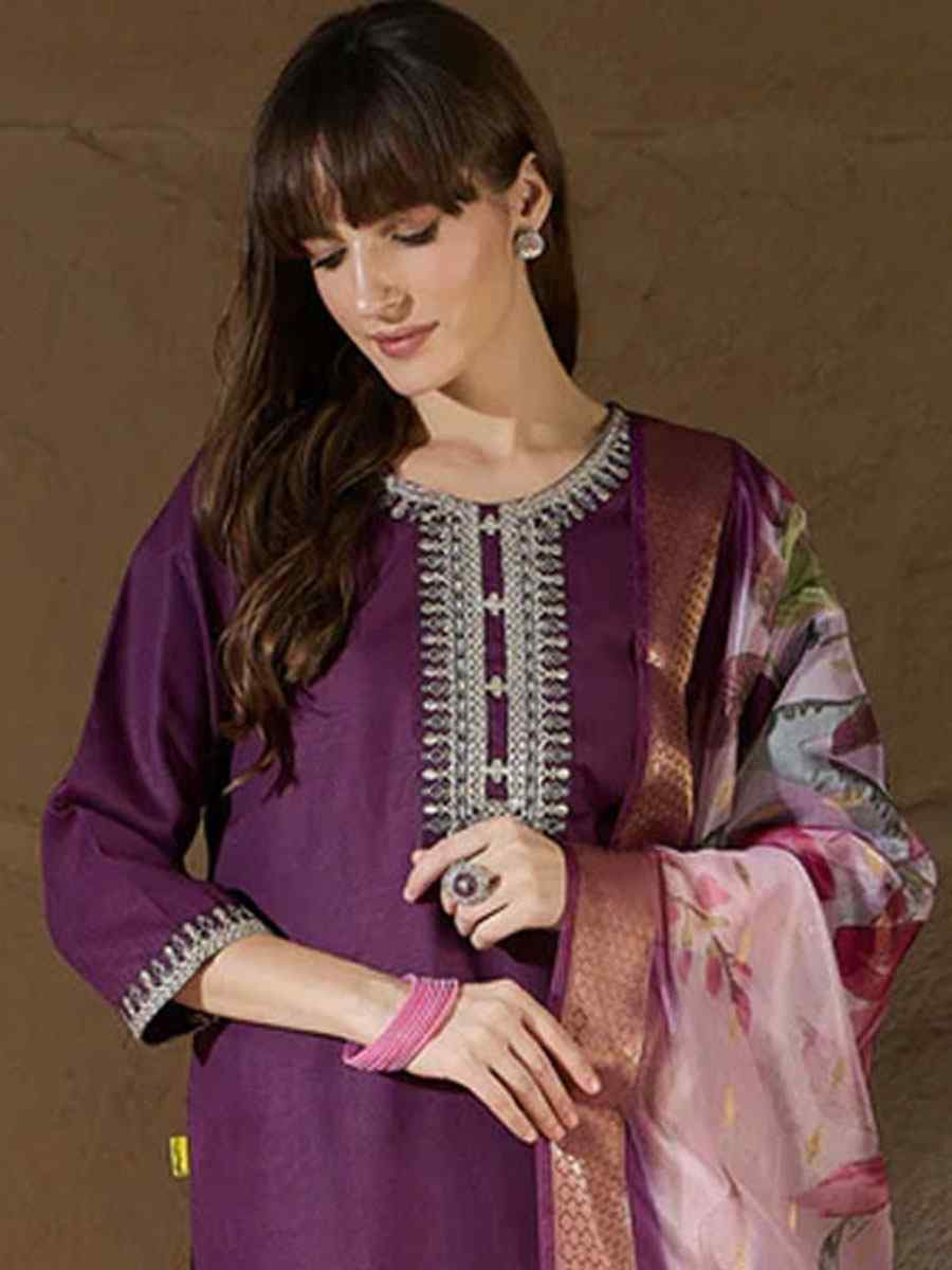 Purple Cotton Blend Embroidery Party Wedding Festival Casual Ready Pant Salwar Kameez