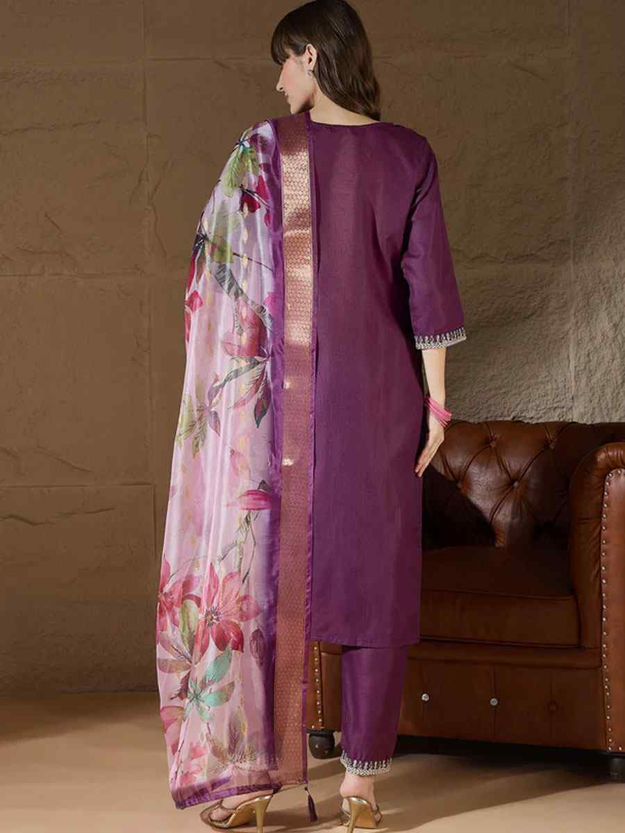 Purple Cotton Blend Embroidery Party Wedding Festival Casual Ready Pant Salwar Kameez