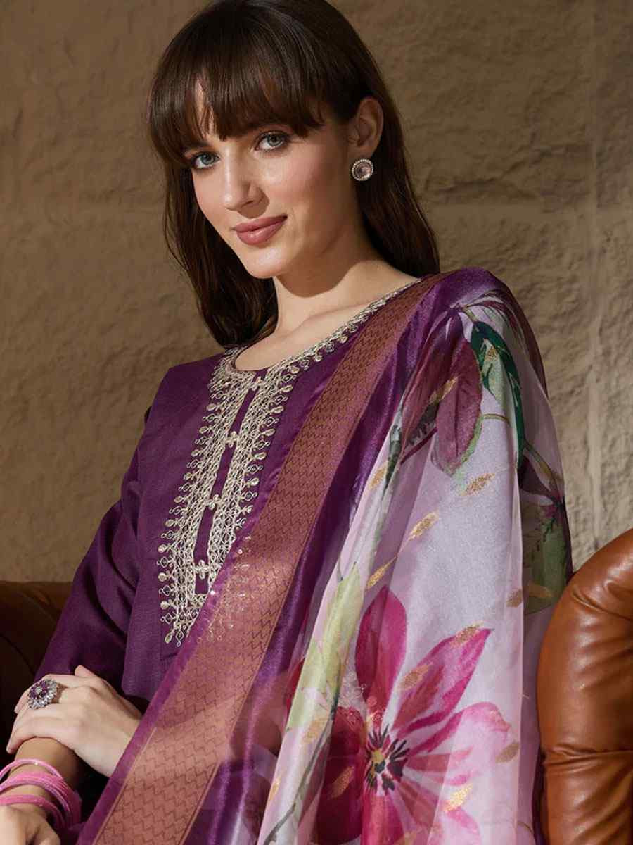 Purple Cotton Blend Embroidery Party Wedding Festival Casual Ready Pant Salwar Kameez
