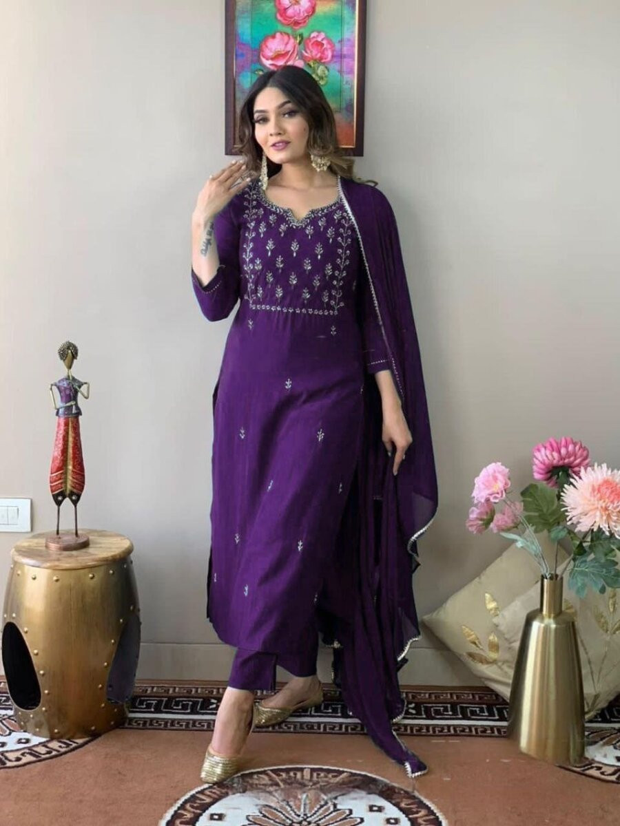 Purple Cotton Blend Embroidery Wedding Party Festival Casual Ready Pant Salwar Kameez
