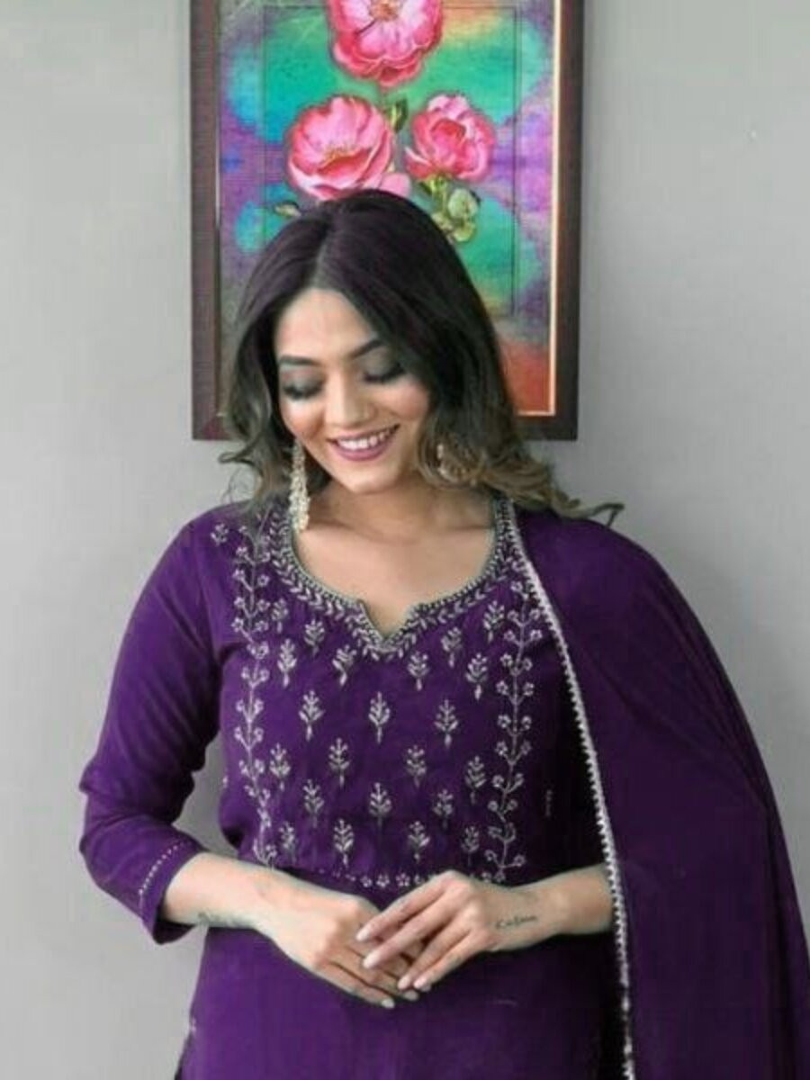 Purple Cotton Blend Embroidery Wedding Party Festival Casual Ready Pant Salwar Kameez