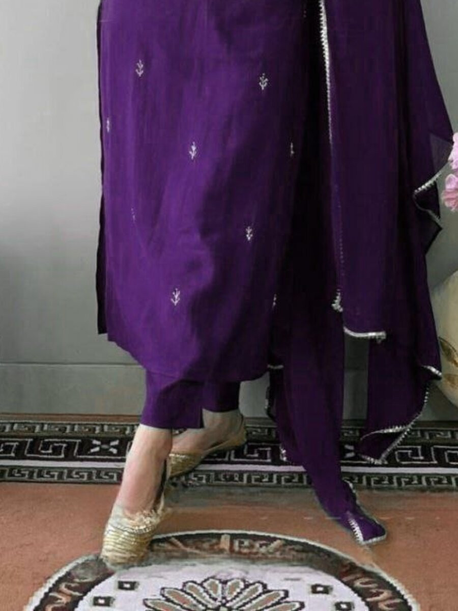 Purple Cotton Blend Embroidery Wedding Party Festival Casual Ready Pant Salwar Kameez