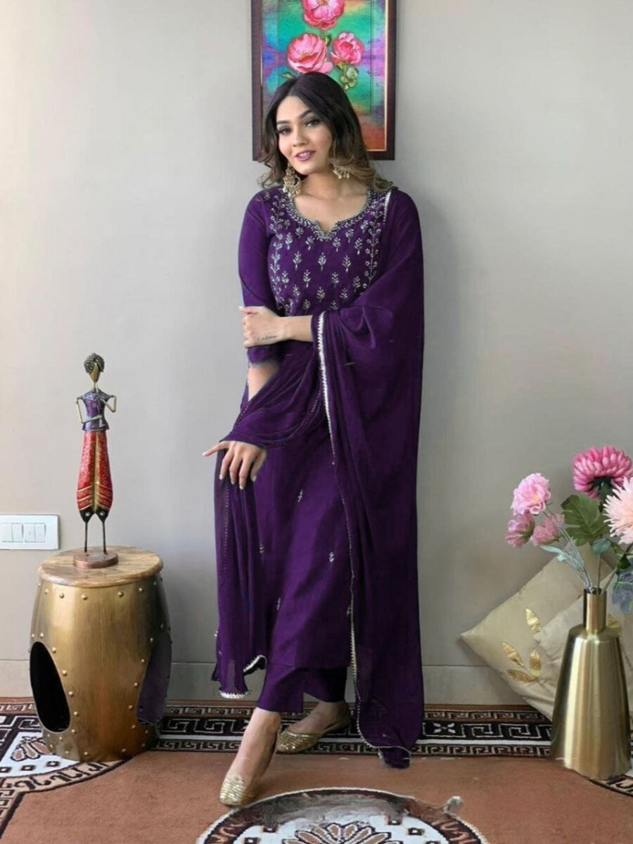 Purple Cotton Blend Embroidery Wedding Party Festival Casual Ready Pant Salwar Kameez