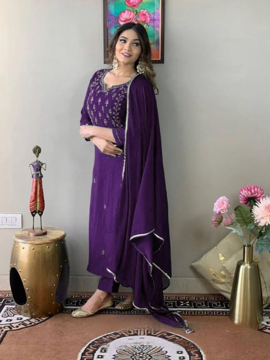 Purple Cotton Blend Embroidery Wedding Party Festival Casual Ready Pant Salwar Kameez