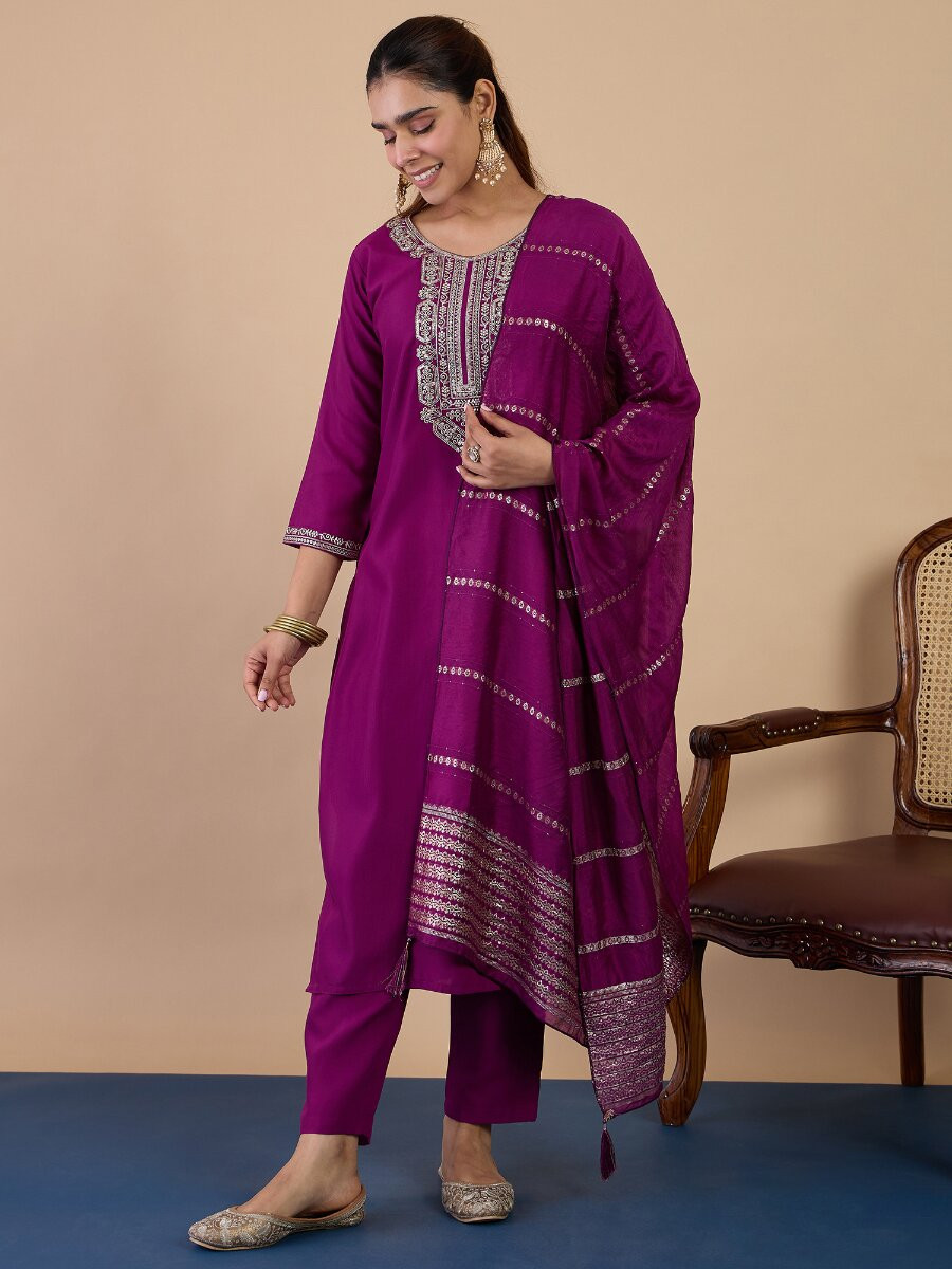 Purple Cotton Blend Embroidery Wedding Party Festival Casual Ready Pant Salwar Kameez
