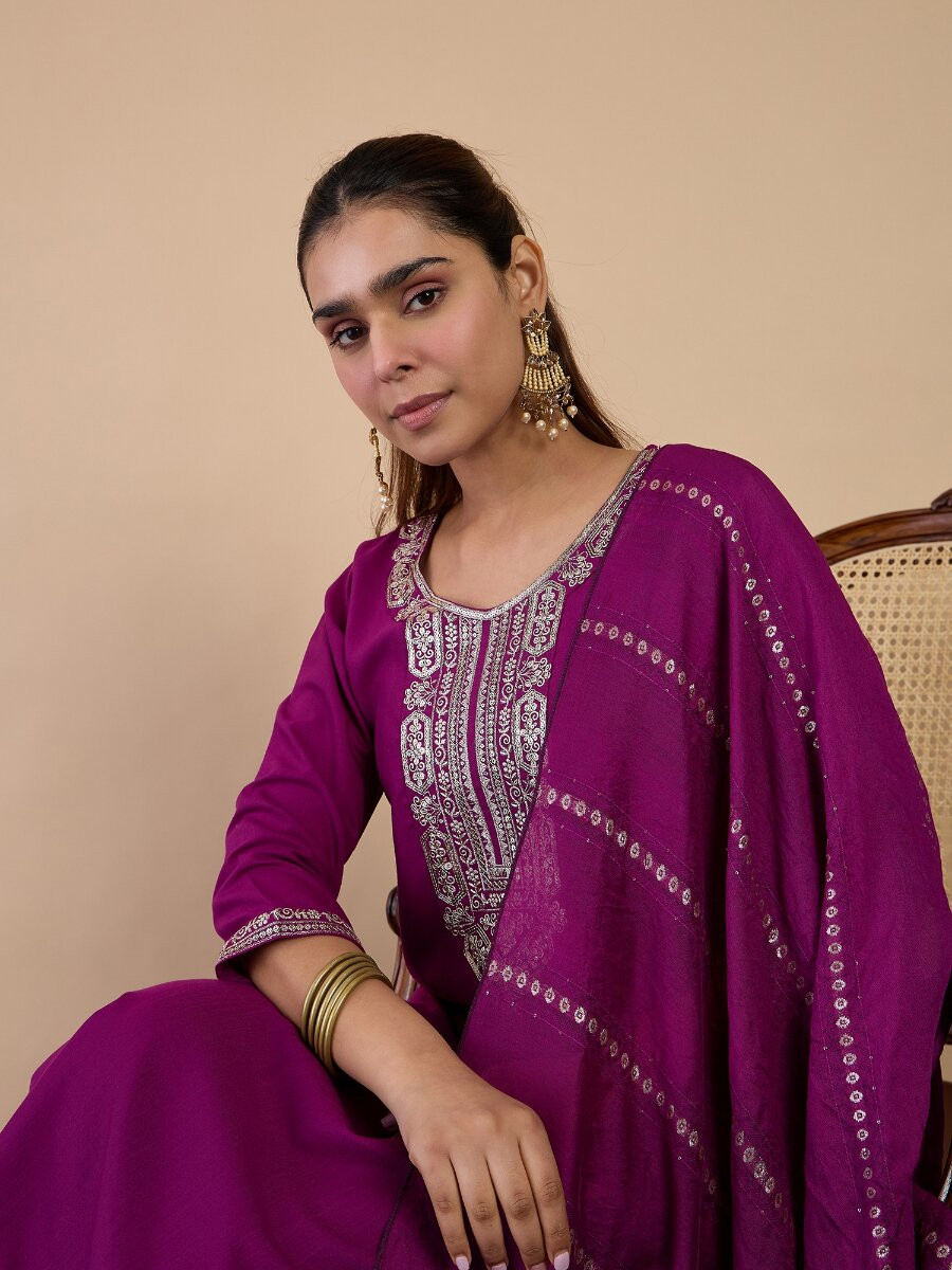 Purple Cotton Blend Embroidery Wedding Party Festival Casual Ready Pant Salwar Kameez