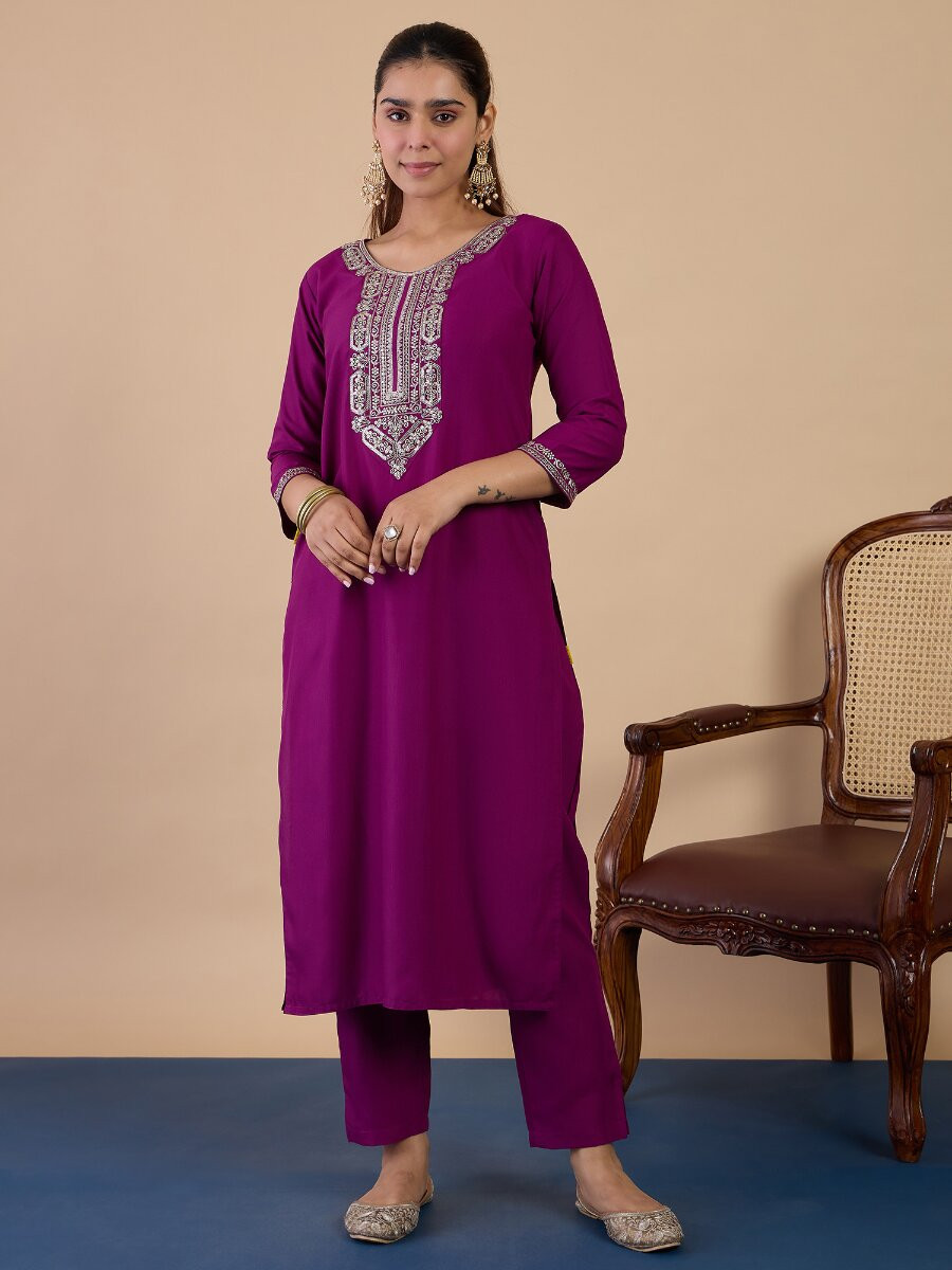Purple Cotton Blend Embroidery Wedding Party Festival Casual Ready Pant Salwar Kameez