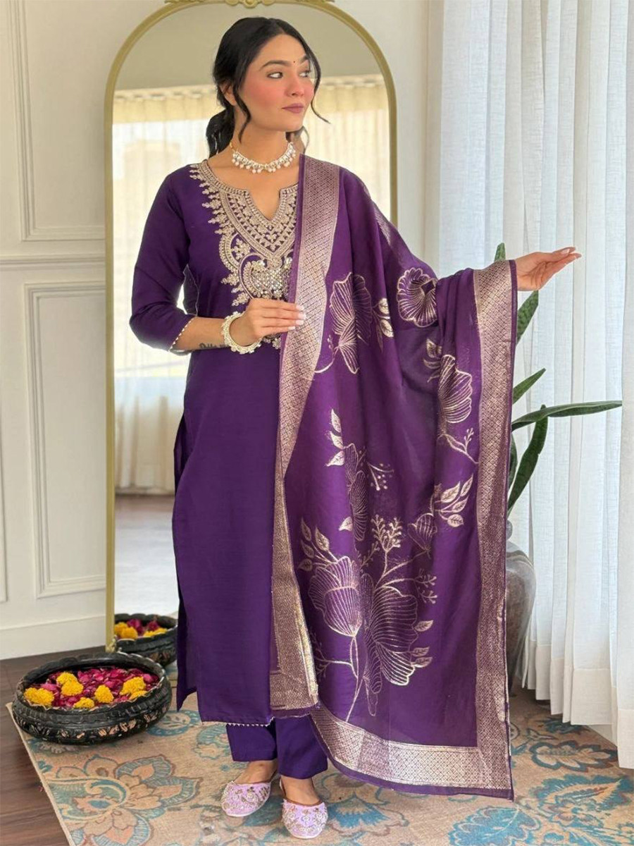 Purple Cotton Blend Embroidery Zari Sequins Wedding Festival Casual Ready Pant Salwar Kameez
