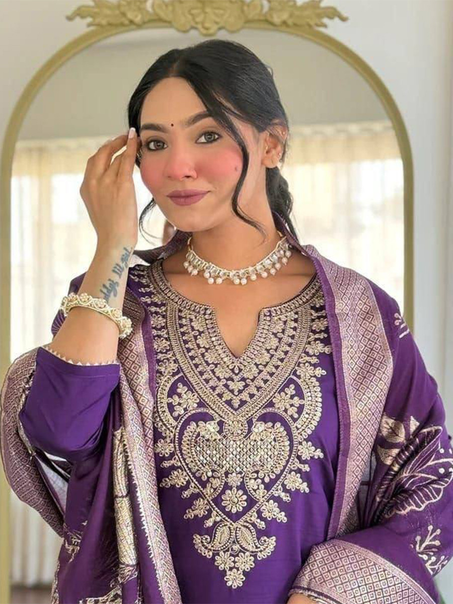 Purple Cotton Blend Embroidery Zari Sequins Wedding Festival Casual Ready Pant Salwar Kameez