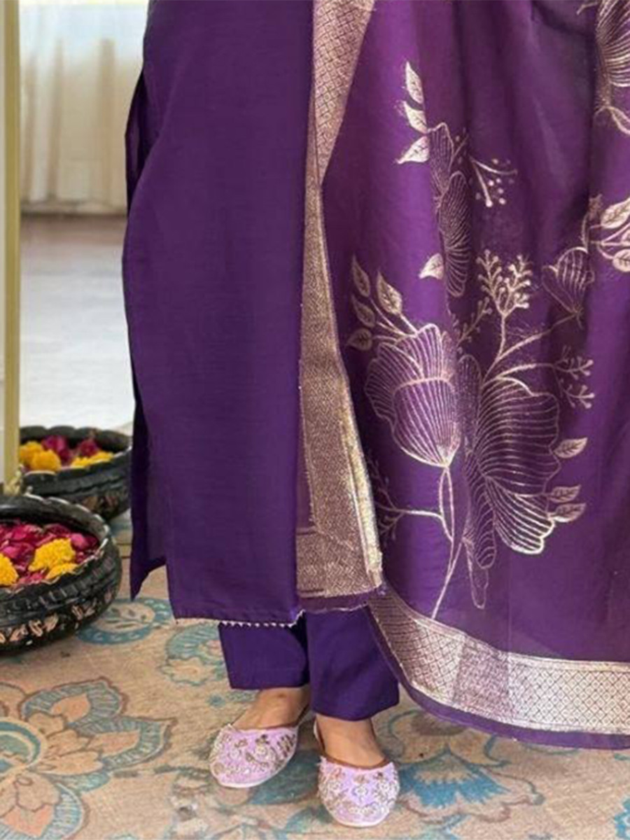 Purple Cotton Blend Embroidery Zari Sequins Wedding Festival Casual Ready Pant Salwar Kameez