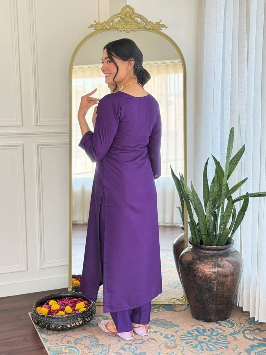 Purple Cotton Blend Embroidery Zari Sequins Wedding Festival Casual Ready Pant Salwar Kameez