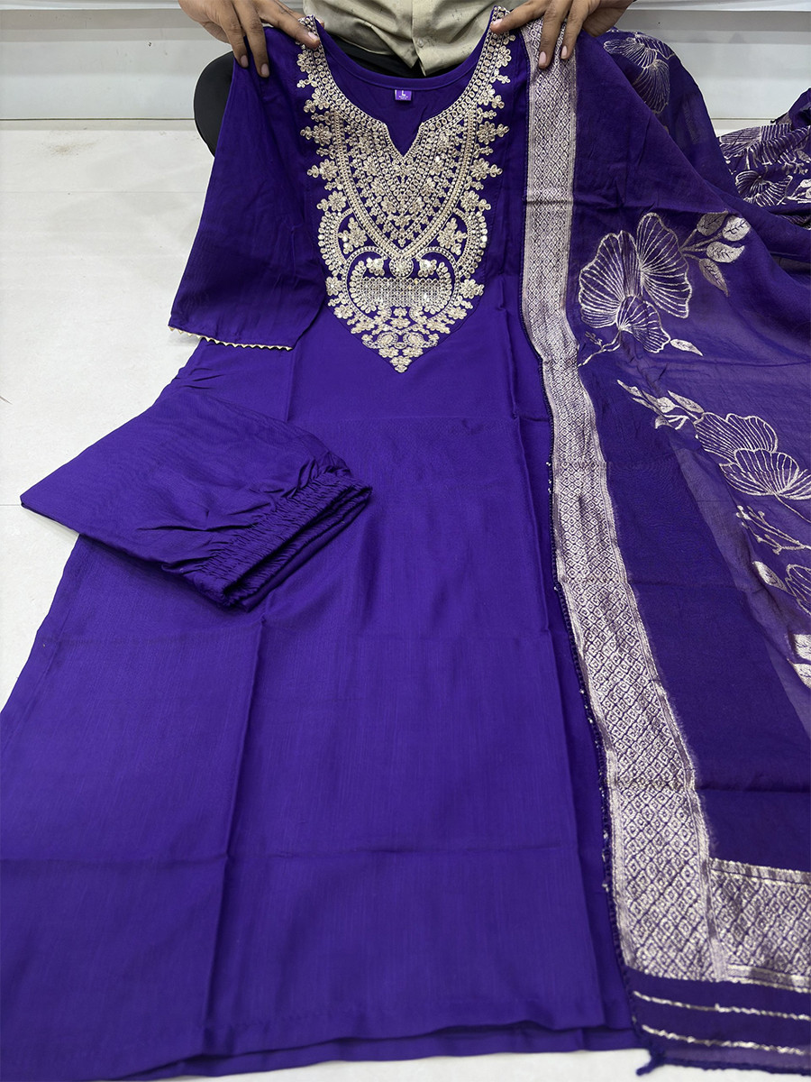Purple Cotton Blend Embroidery Zari Sequins Wedding Festival Casual Ready Pant Salwar Kameez