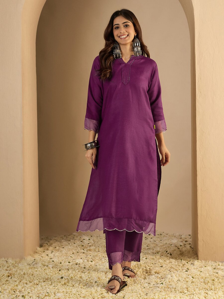 Image of Purple Cotton Blend Plain Party Wedding Festival Casual Ready Pant Salwar Kameez