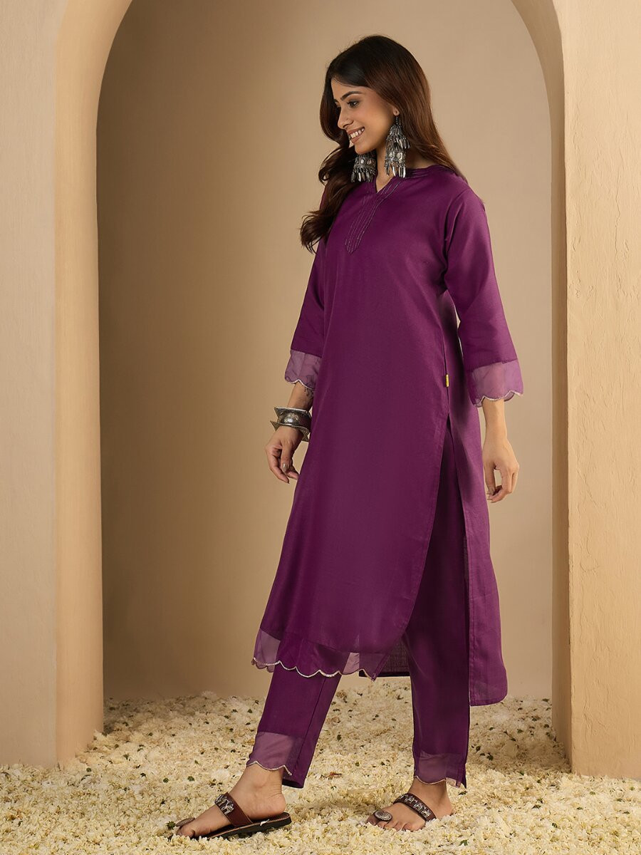 Purple Cotton Blend Plain Party Wedding Festival Casual Ready Pant Salwar Kameez