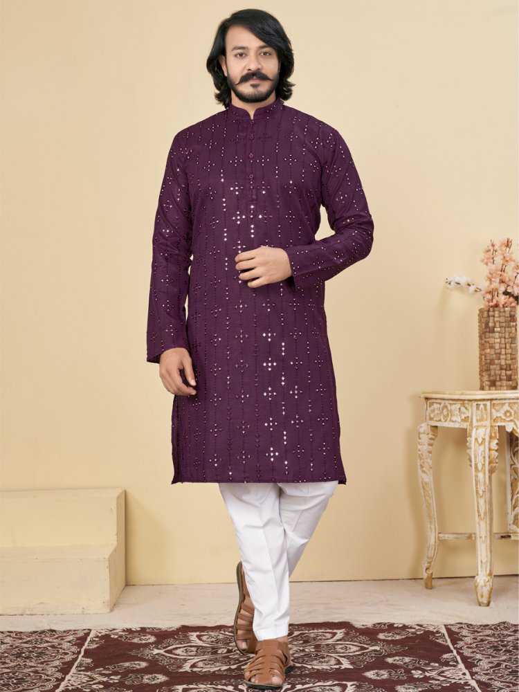 Purple Cotton Embroidered Festival Casual Kurta