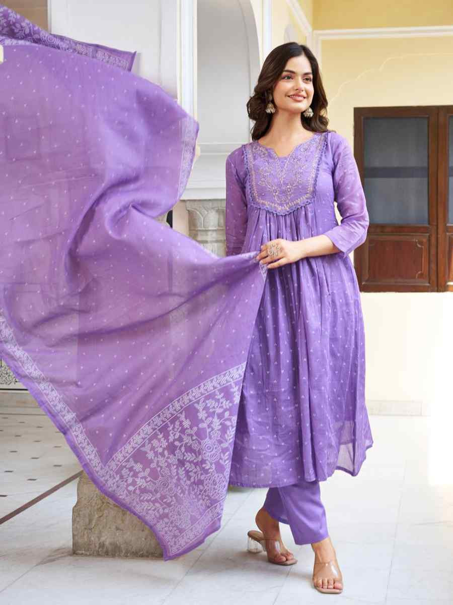 Purple Cotton Embroidered Festival Casual Ready Pant Salwar Kameez