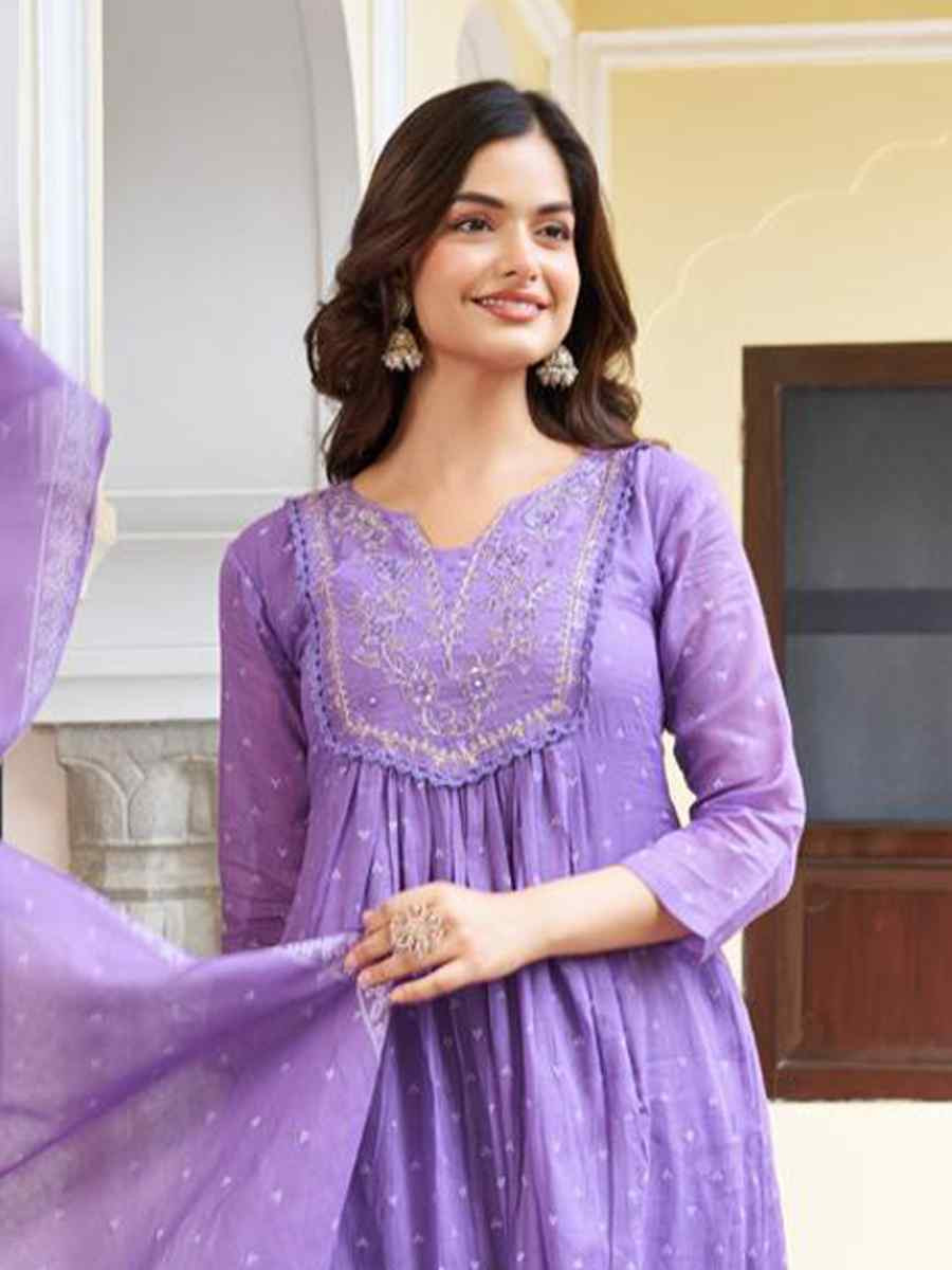 Purple Cotton Embroidered Festival Casual Ready Pant Salwar Kameez