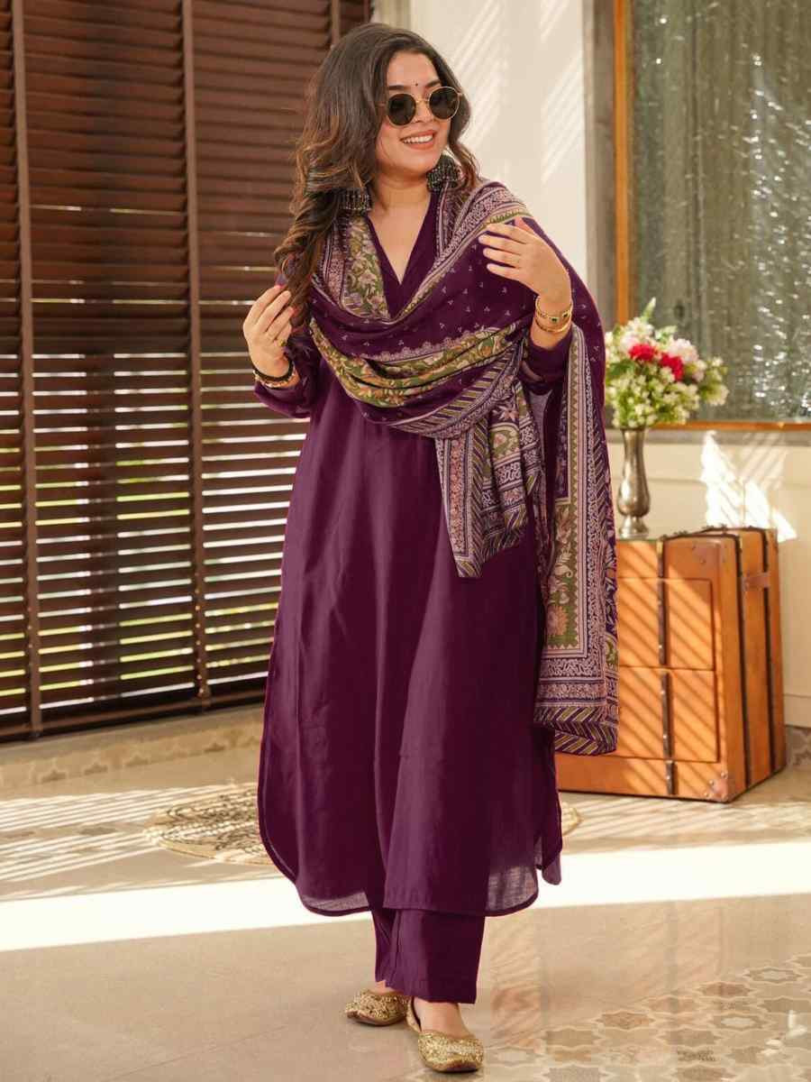 Purple Cotton Embroidered Festival Mehendi Ready Pant Salwar Kameez