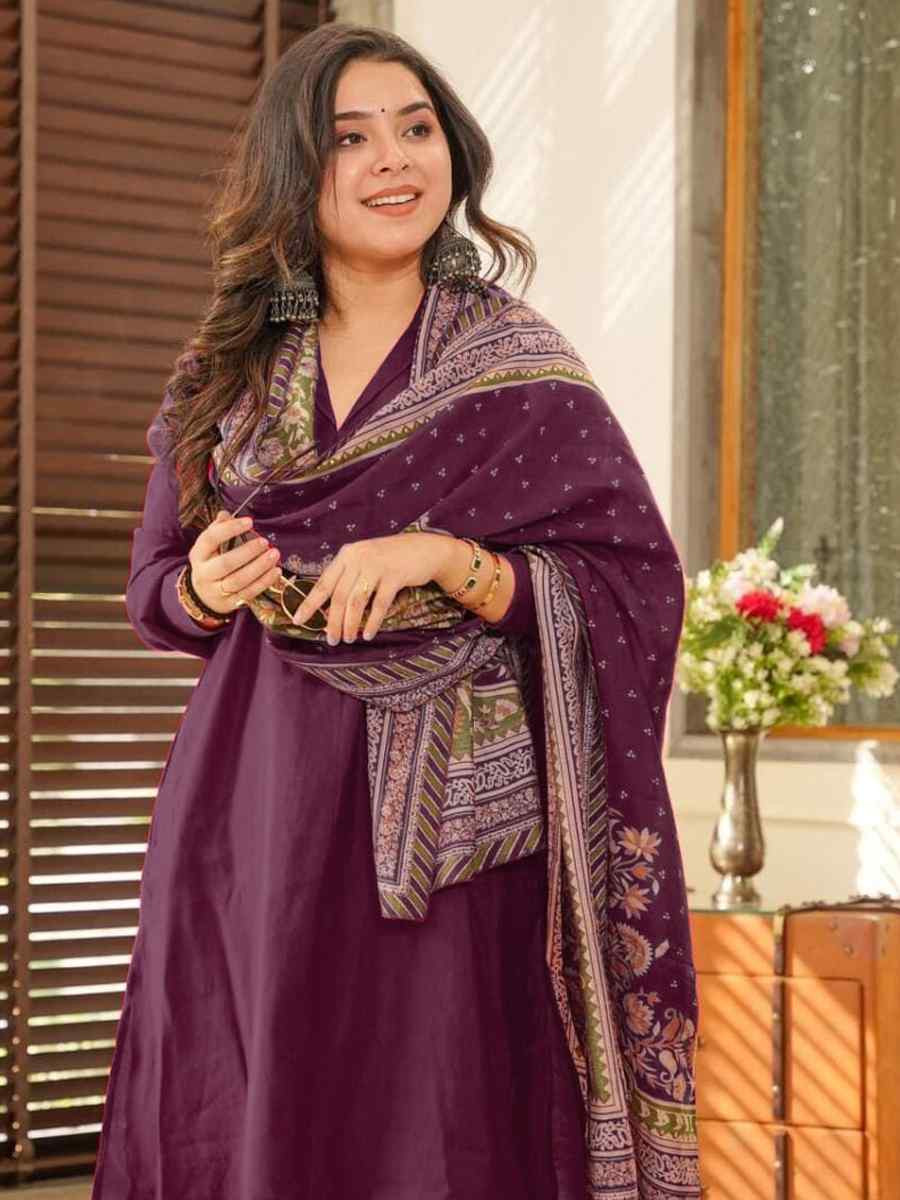 Purple Cotton Embroidered Festival Mehendi Ready Pant Salwar Kameez
