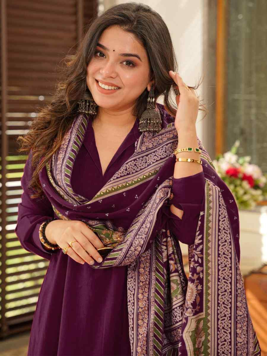 Purple Cotton Embroidered Festival Mehendi Ready Pant Salwar Kameez
