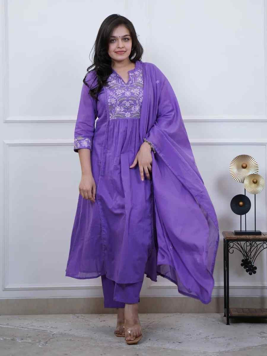 Purple Cotton Embroidered Festival Wedding Pant Salwar Kameez