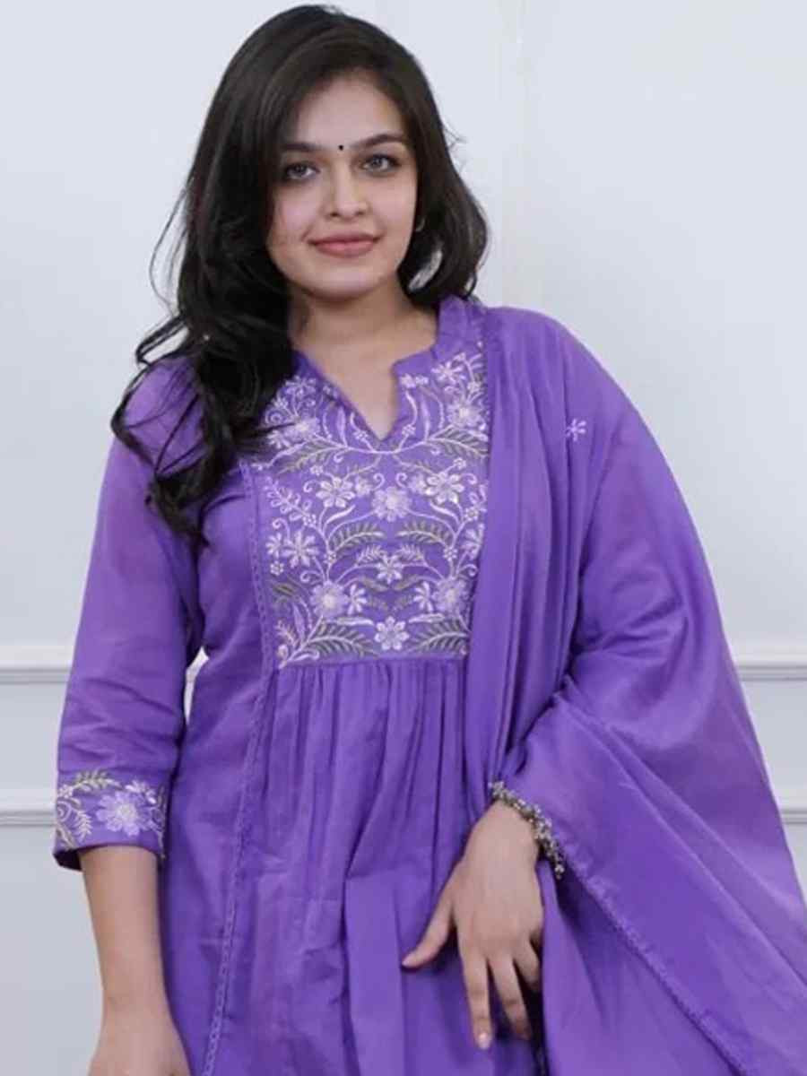 Purple Cotton Embroidered Festival Wedding Pant Salwar Kameez
