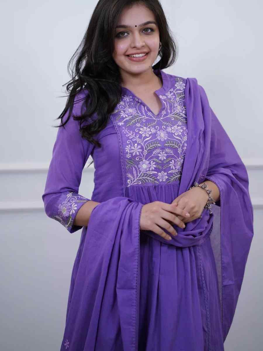 Purple Cotton Embroidered Festival Wedding Pant Salwar Kameez