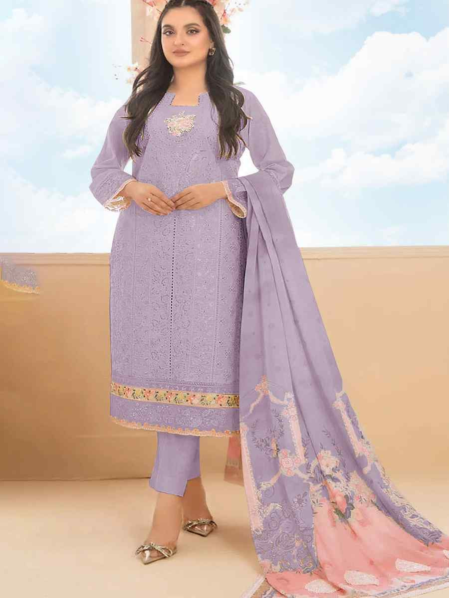 Purple Cotton Embroidery Party Wedding Festival Casual Pant Salwar Kameez