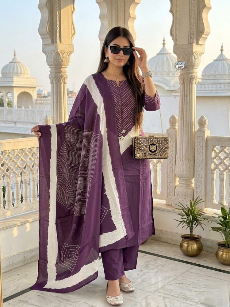 Image of Purple Cotton Embroidery Wedding Party Festival Ready Pant Salwar Kameez