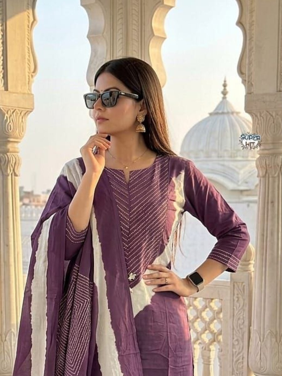 Purple Cotton Embroidery Wedding Party Festival Ready Pant Salwar Kameez