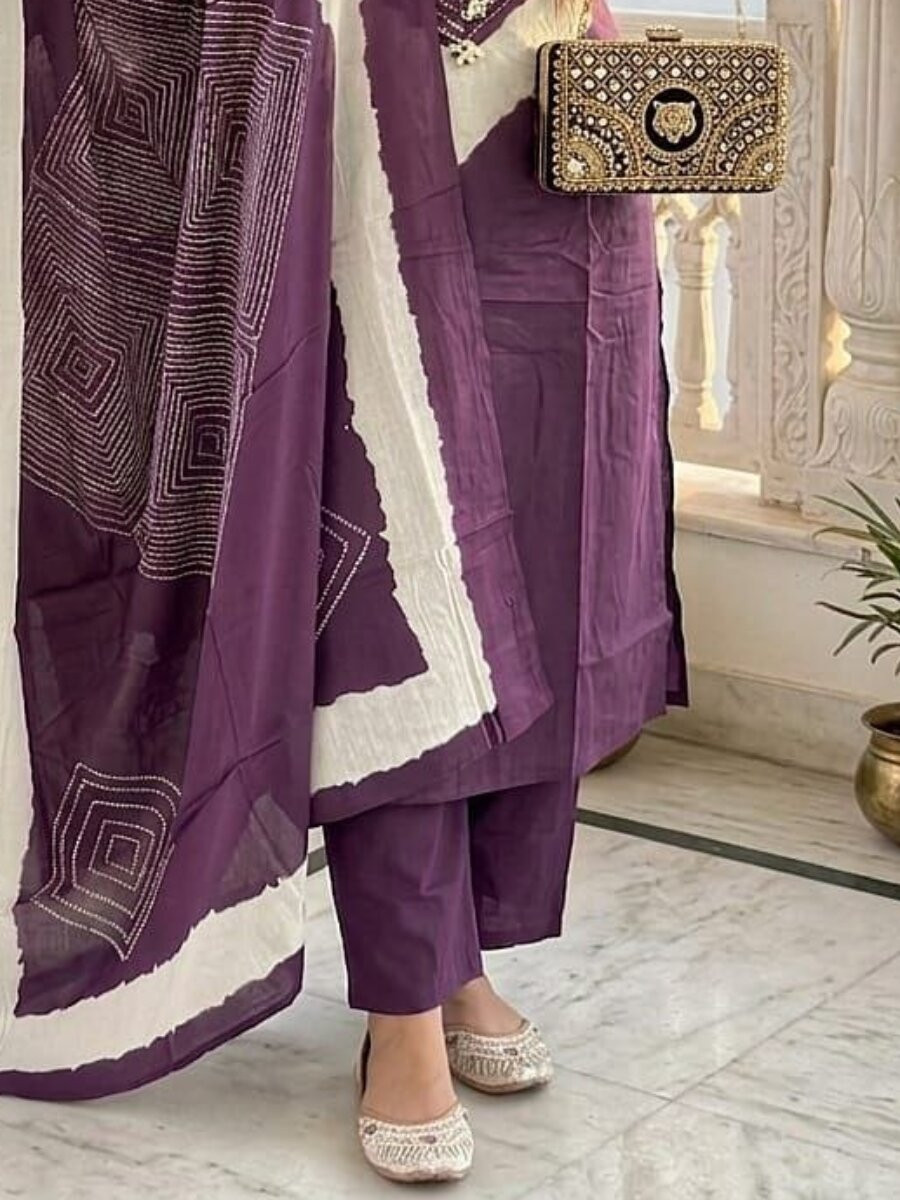 Purple Cotton Embroidery Wedding Party Festival Ready Pant Salwar Kameez