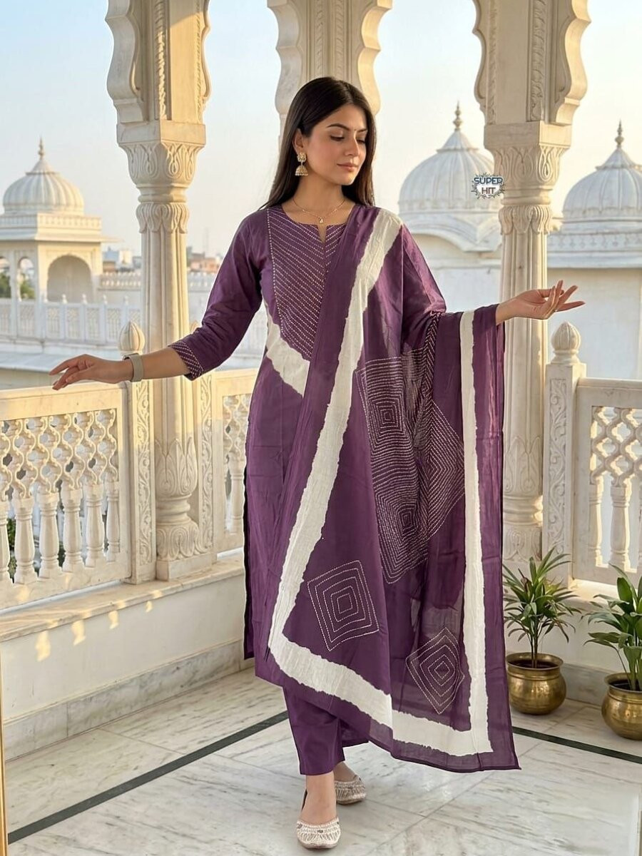 Purple Cotton Embroidery Wedding Party Festival Ready Pant Salwar Kameez