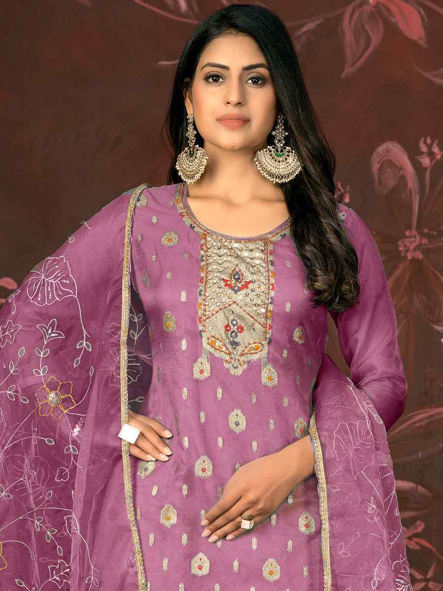 Purple Cotton Jacquard Embroidered Casual Festival Pant Salwar Kameez