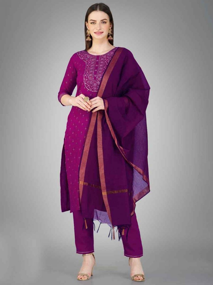 Purple Cotton Magic Slub Embroidered Festival Casual Ready Pant Salwar Kameez