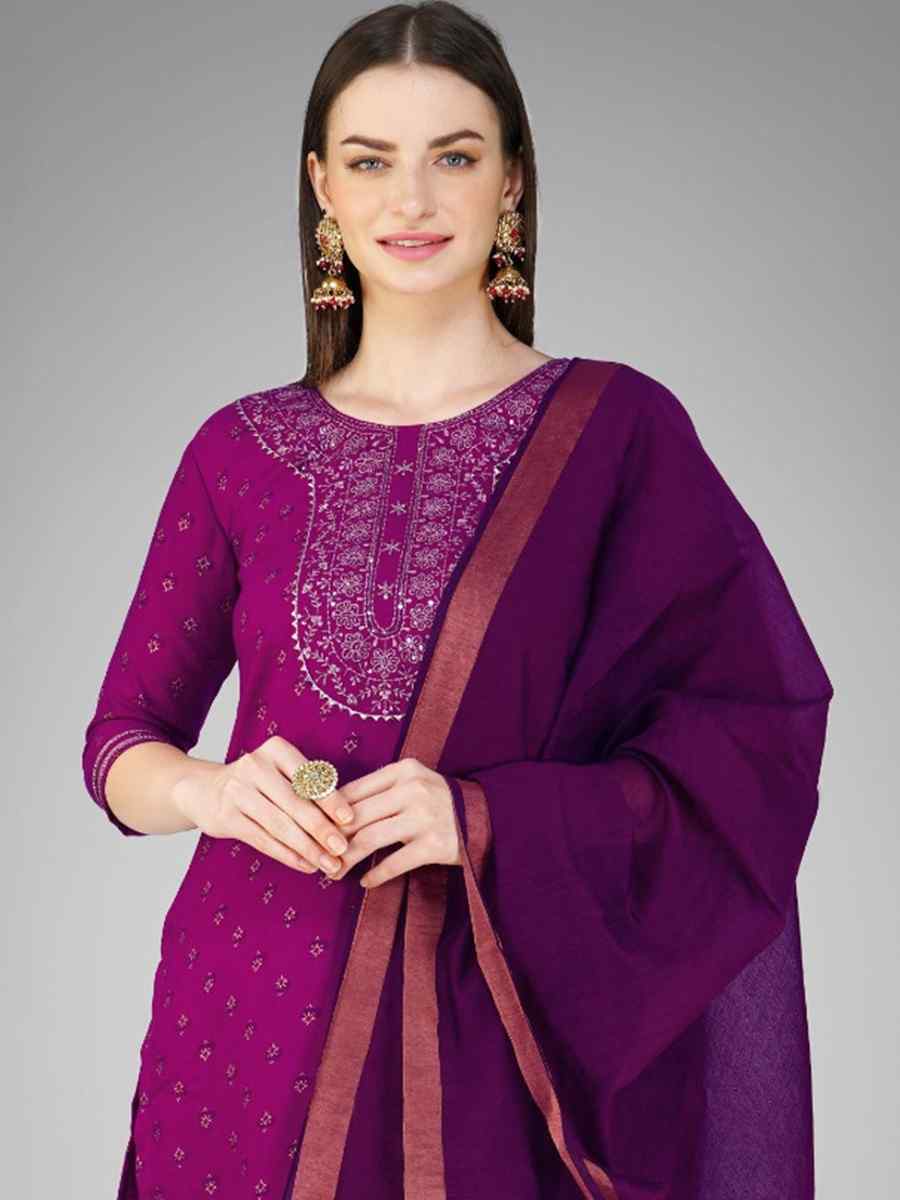 Purple Cotton Magic Slub Embroidered Festival Casual Ready Pant Salwar Kameez
