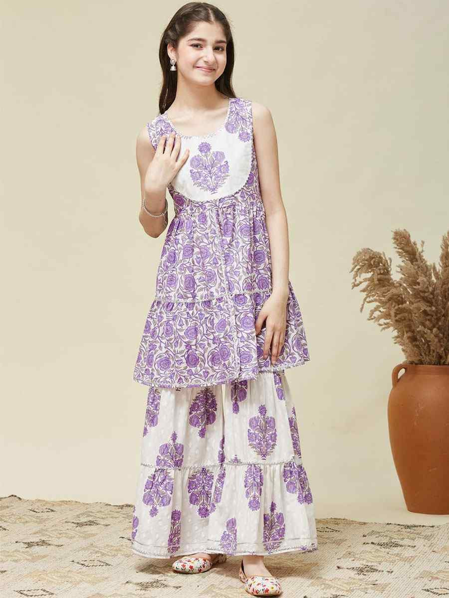 Purple Cotton Printed Casual Festival Kurta Sharara Girls Wear