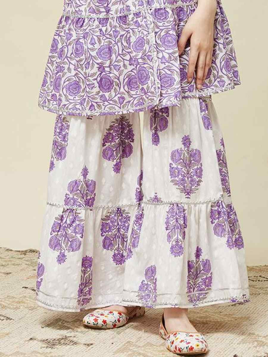 Purple Cotton Printed Casual Festival Kurta Sharara Girls Wear