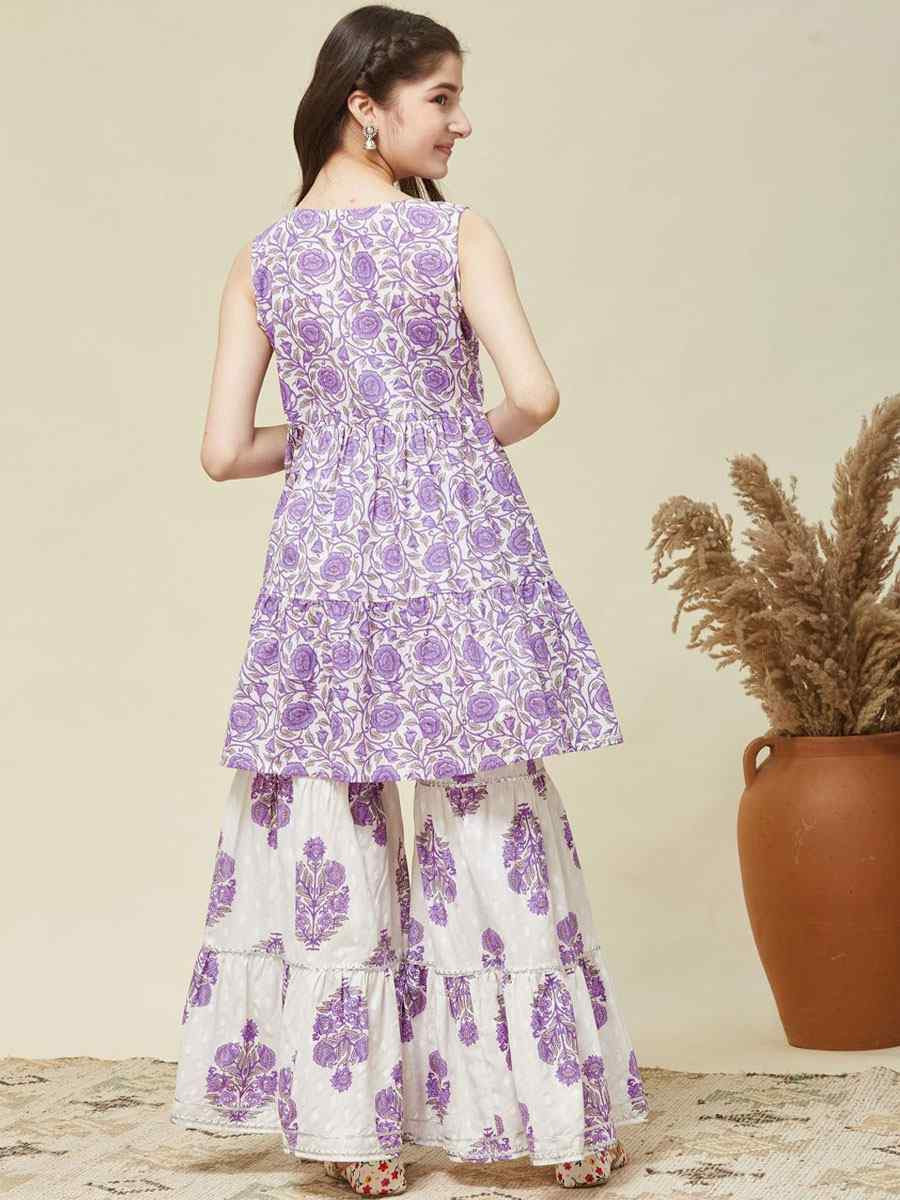 Purple Cotton Printed Casual Festival Kurta Sharara Girls Wear