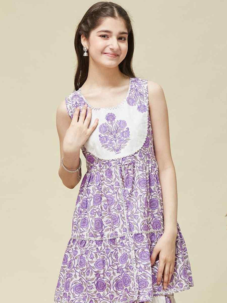 Purple Cotton Printed Casual Festival Kurta Sharara Girls Wear