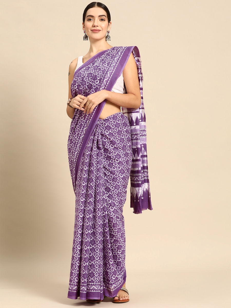 Purple Cotton Printed Festival Casual Contemporary Sarees