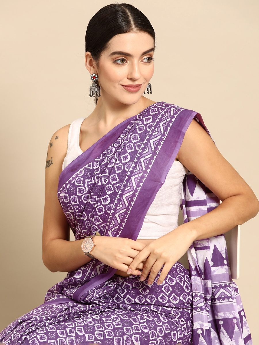 Purple Cotton Printed Festival Casual Contemporary Sarees