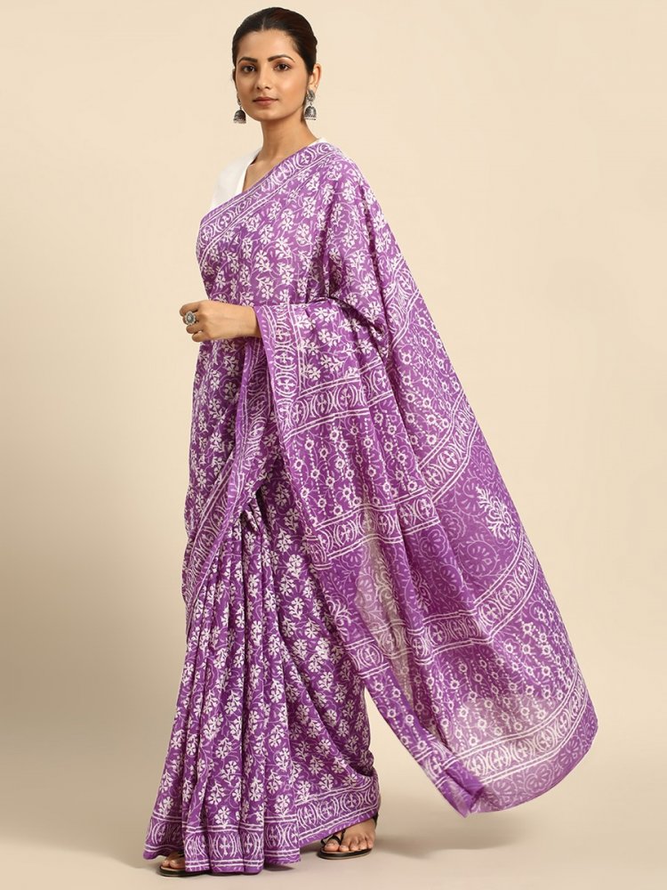 Purple Cotton Printed Festival Casual Contemporary Sarees