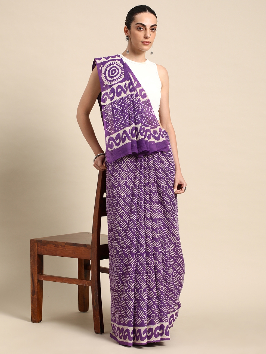 Purple Cotton Printed Festival Casual Contemporary Sarees
