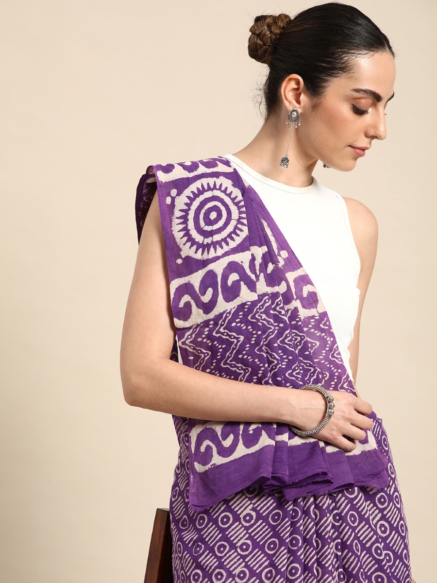 Purple Cotton Printed Festival Casual Contemporary Sarees