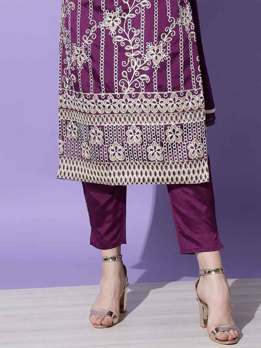 Purple Cotton Silk Blend  Embroidered Festival Party Ready Pant Salwar Kameez