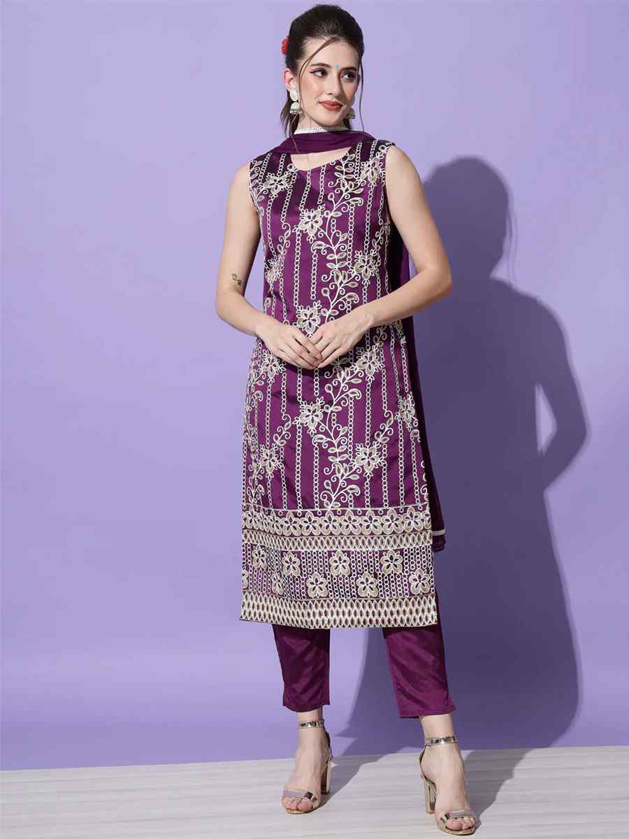Purple Cotton Silk Blend Embroidered Festival Party Ready Pant Salwar Kameez